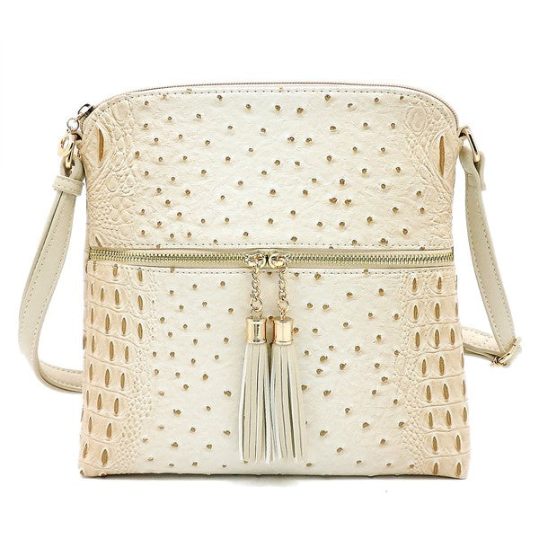 Ostrich Croc Zip Tassel Crossbody Bag